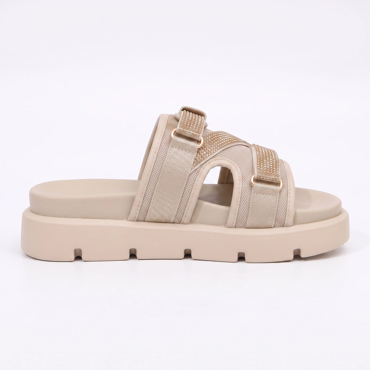 Fabric & Leather Open Flat Slippers