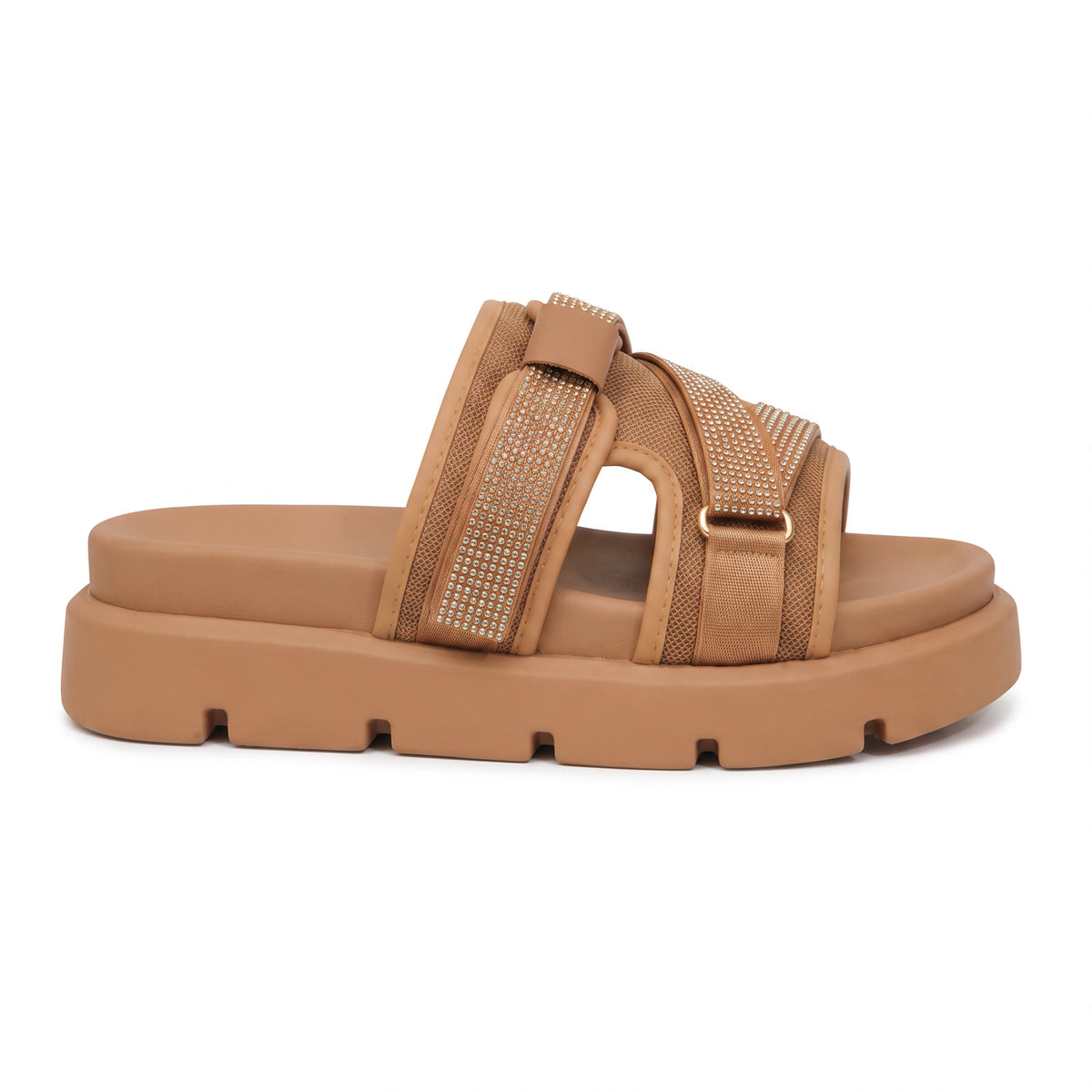 Fabric & Leather Open Flat Slippers
