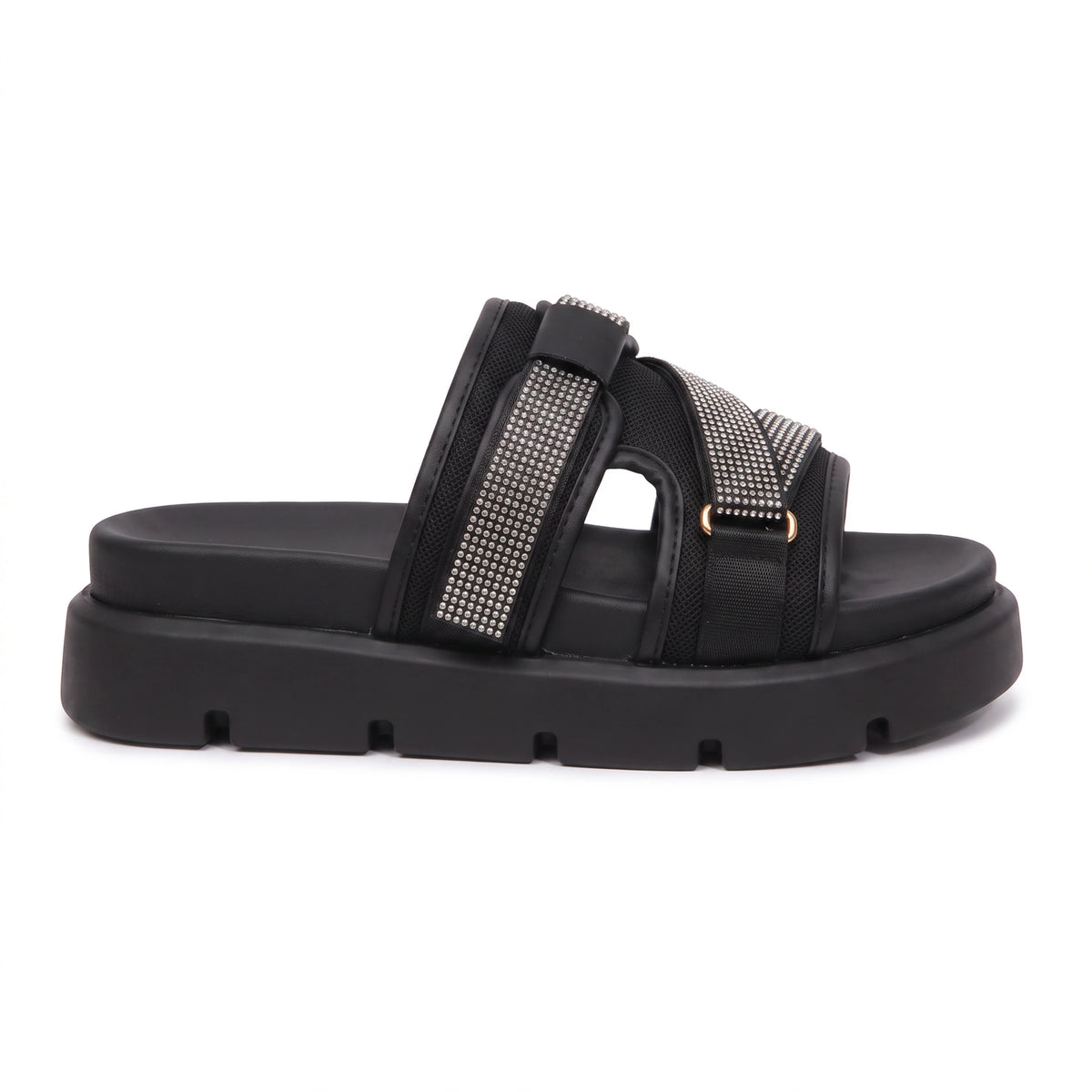 Fabric & Leather Open Flat Slippers