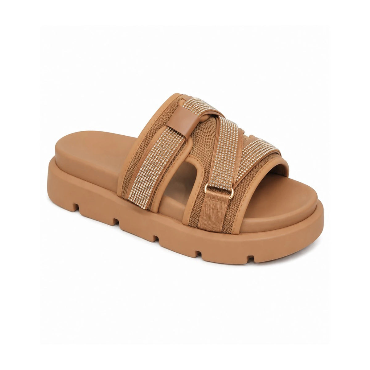 Fabric & Leather Open Flat Slippers