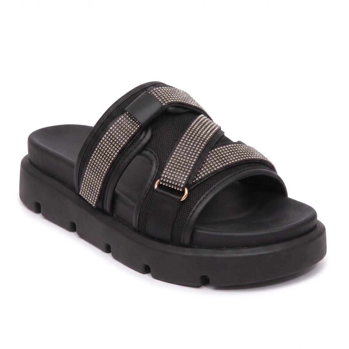 Fabric & Leather Open Flat Slippers