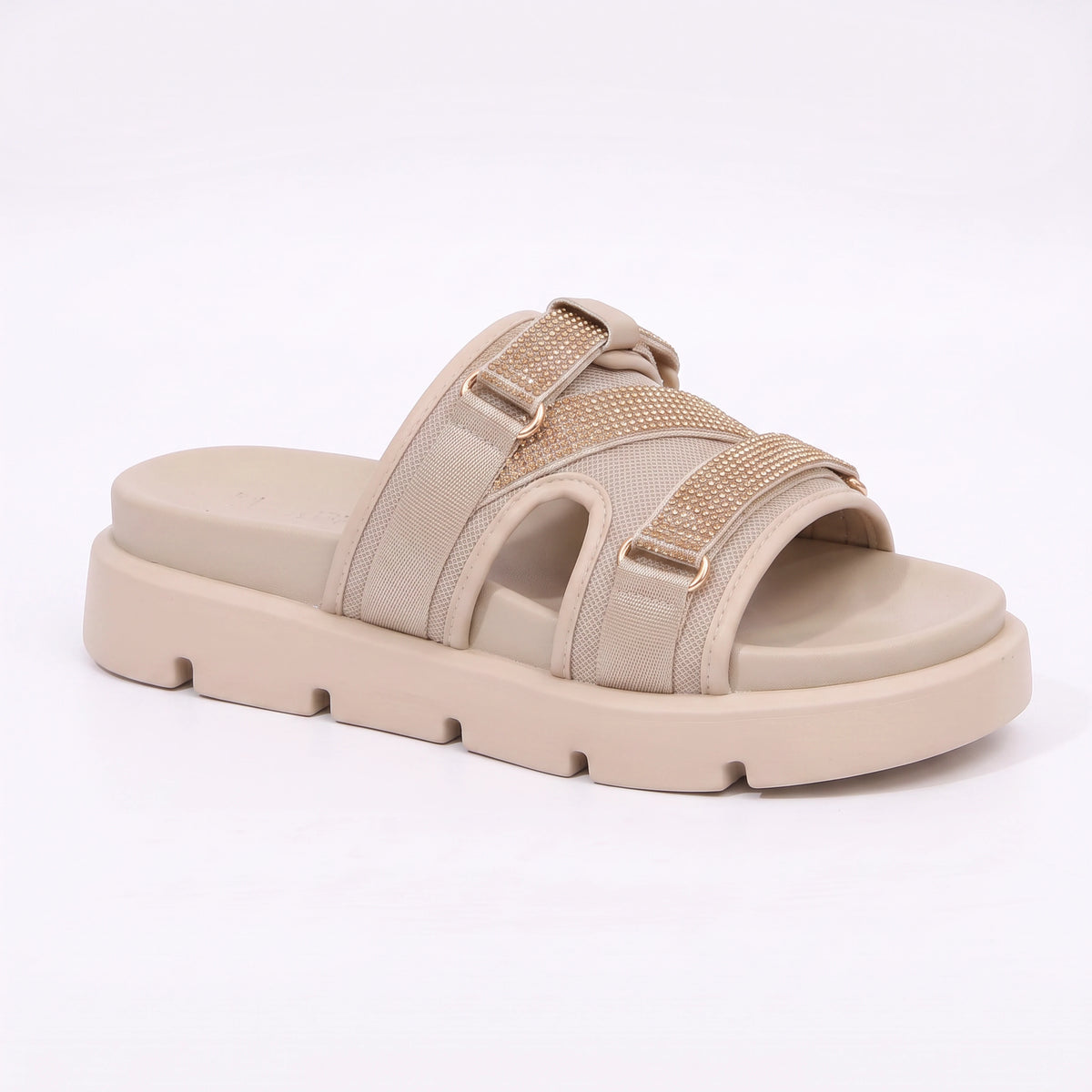 Fabric & Leather Open Flat Slippers